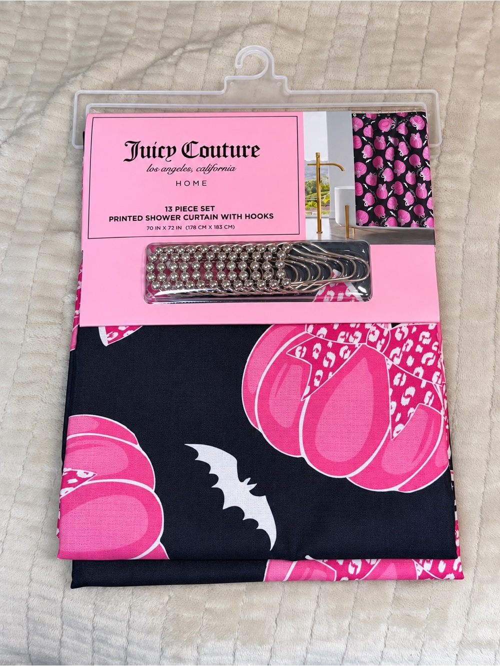 Juicy Couture Pinkoween Shower Curtain Pink Pumpkin Leopard Bow Halloween NWT - Picture 2 of 9